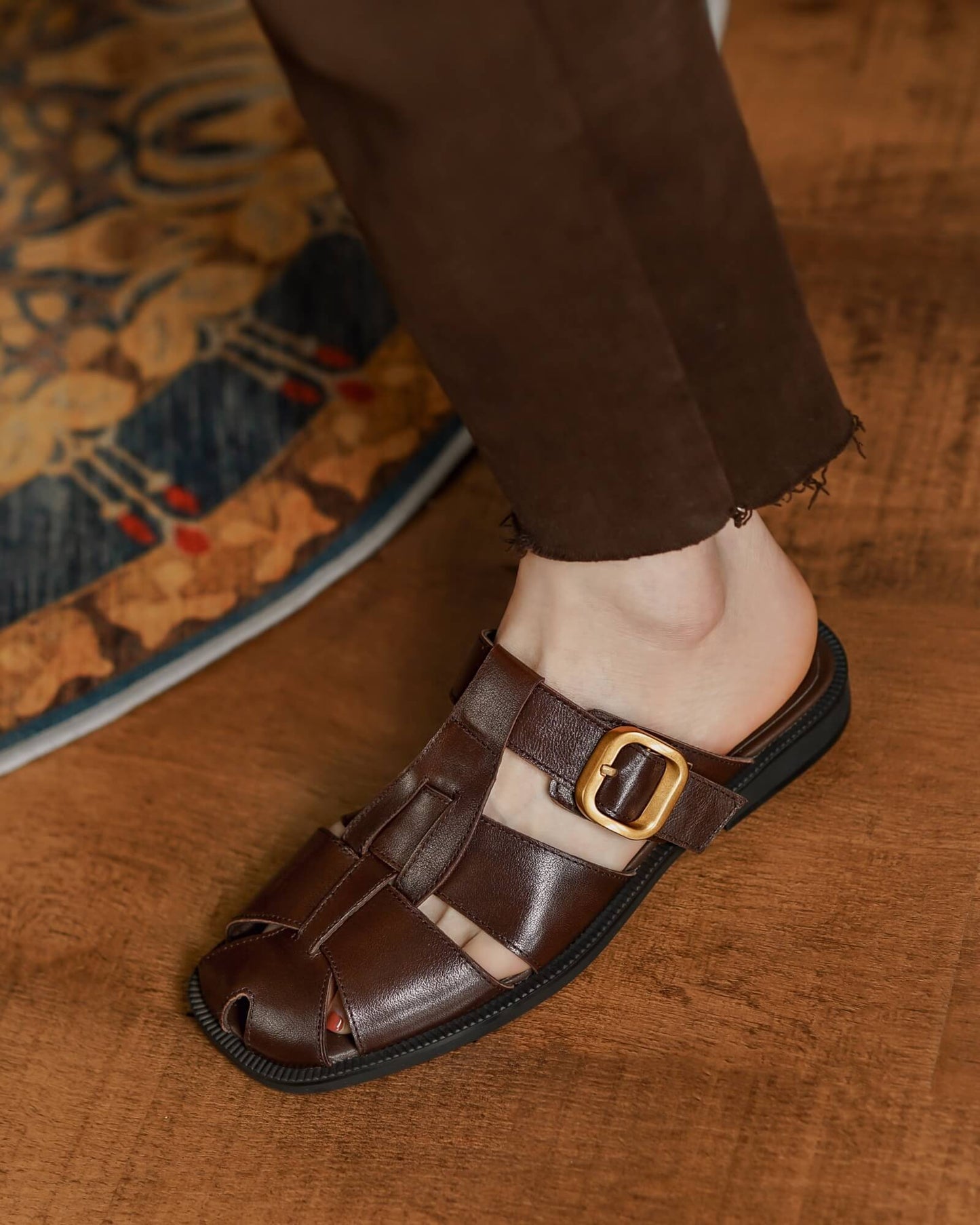 Gala-flat-leather-slides-brown-model-2