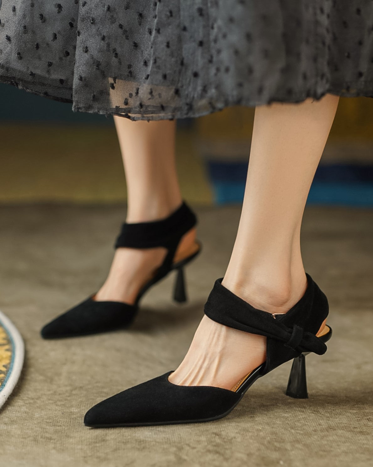 Kaia-ankle-strap-black-suede-heels-model-2