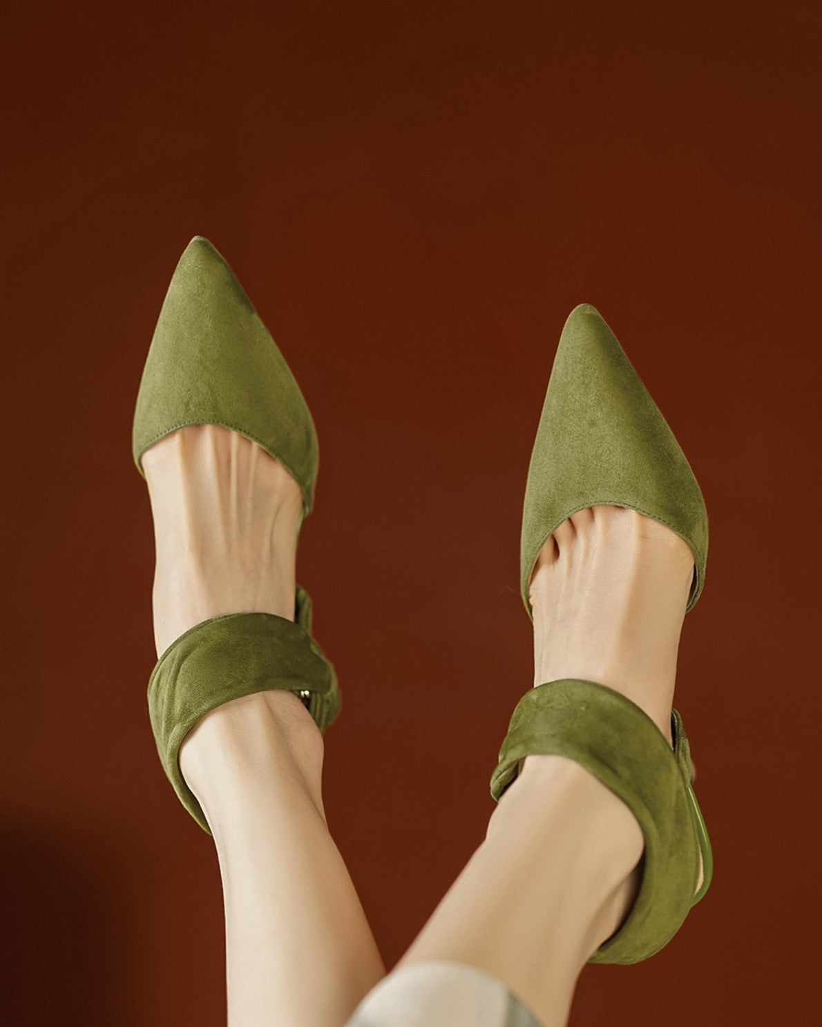 Kaia-ankle-strap-green-suede-heels-model-2
