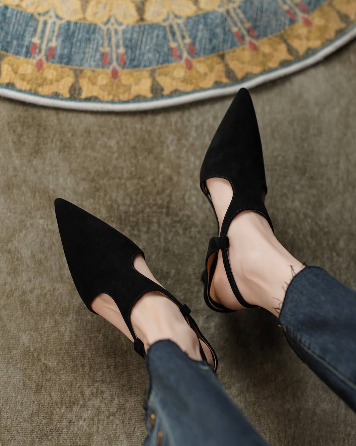 Viane-T-Strap-Black-Suede-Slingback-Model-3