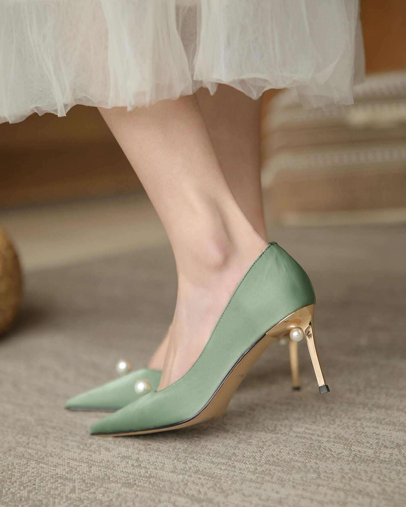 Cala-Pearl-Embellished-Green-Satin-Heels-Model-1
