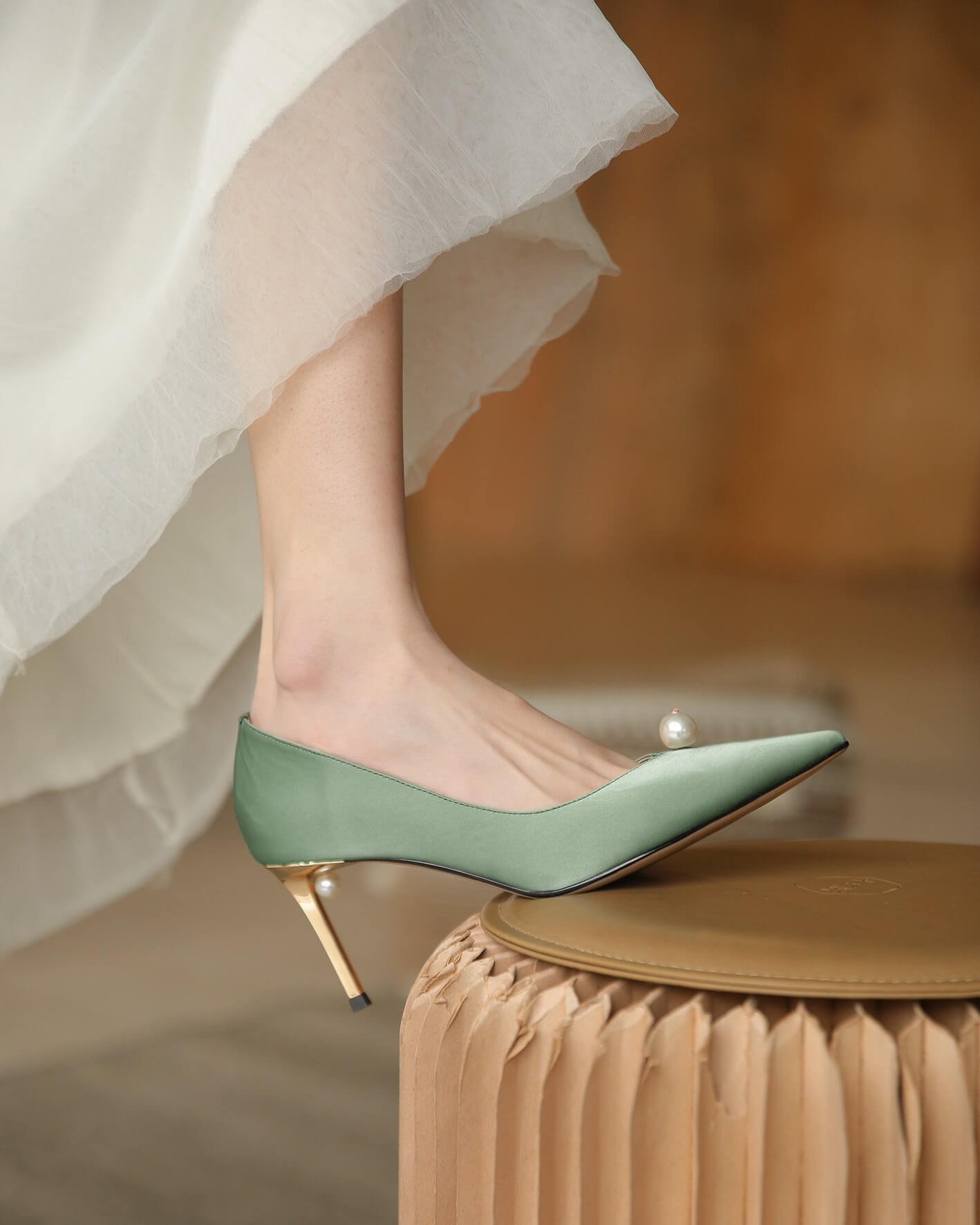 Cala-Pearl-Embellished-Green-Satin-Heels-Model-3