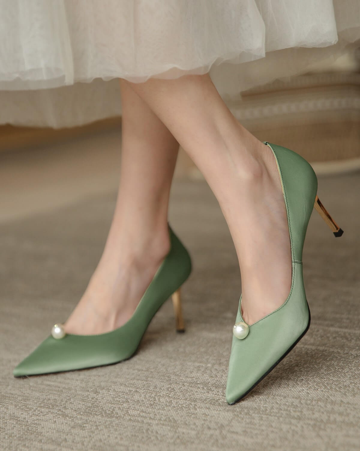 Cala-Pearl-Embellished-Green-Satin-Heels-Model