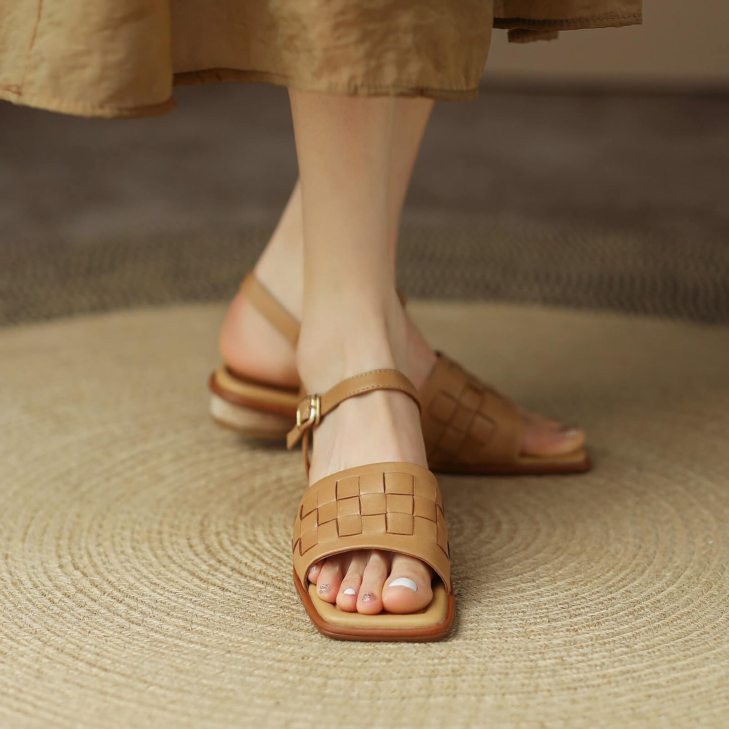 Gupa-Tan-Leather-Low-Heel-Sandals-Model