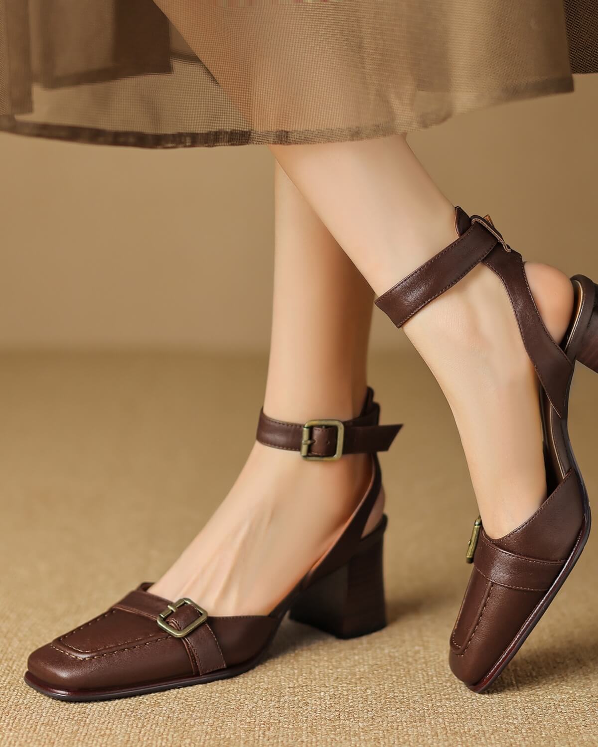 Lando-Square-Toe-Ankle-Strap-Brown-Leather-Heels-Model