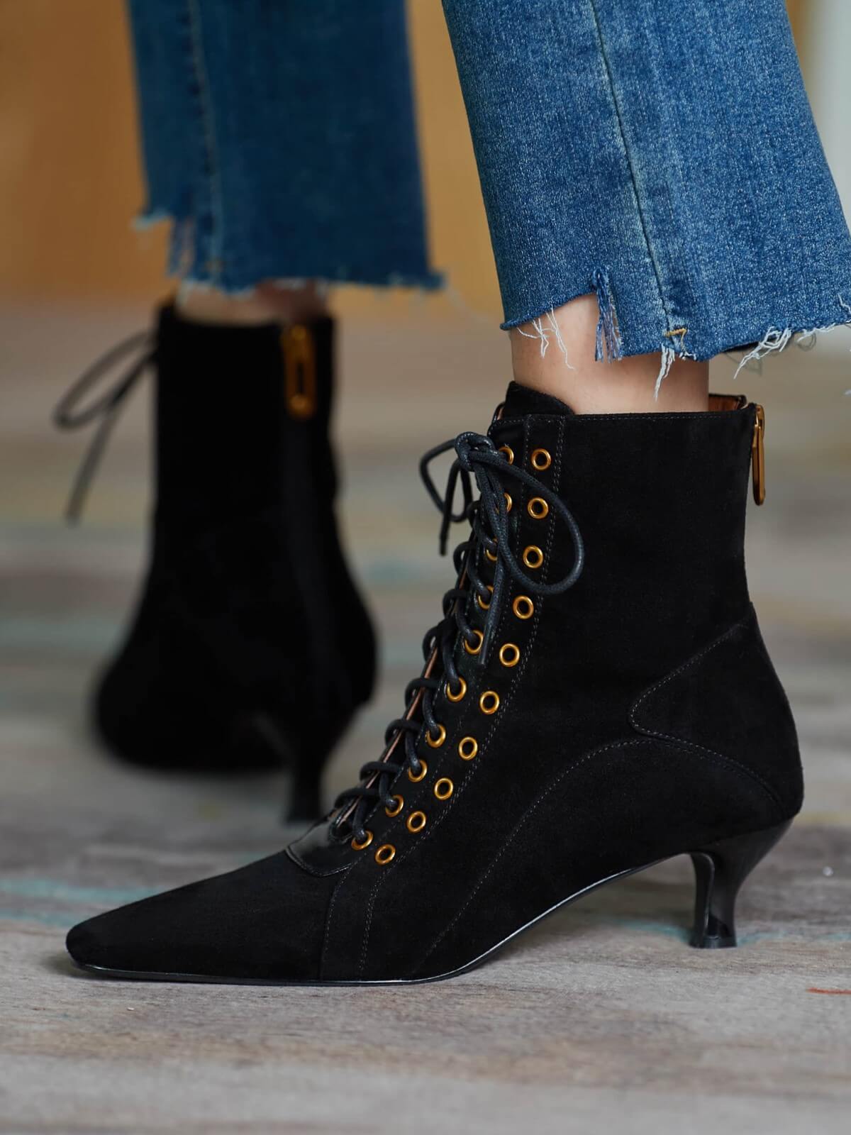 ROLISA-Eloy-Lace-Up-Kitten-Heel-Suede-Boot-Black-Model