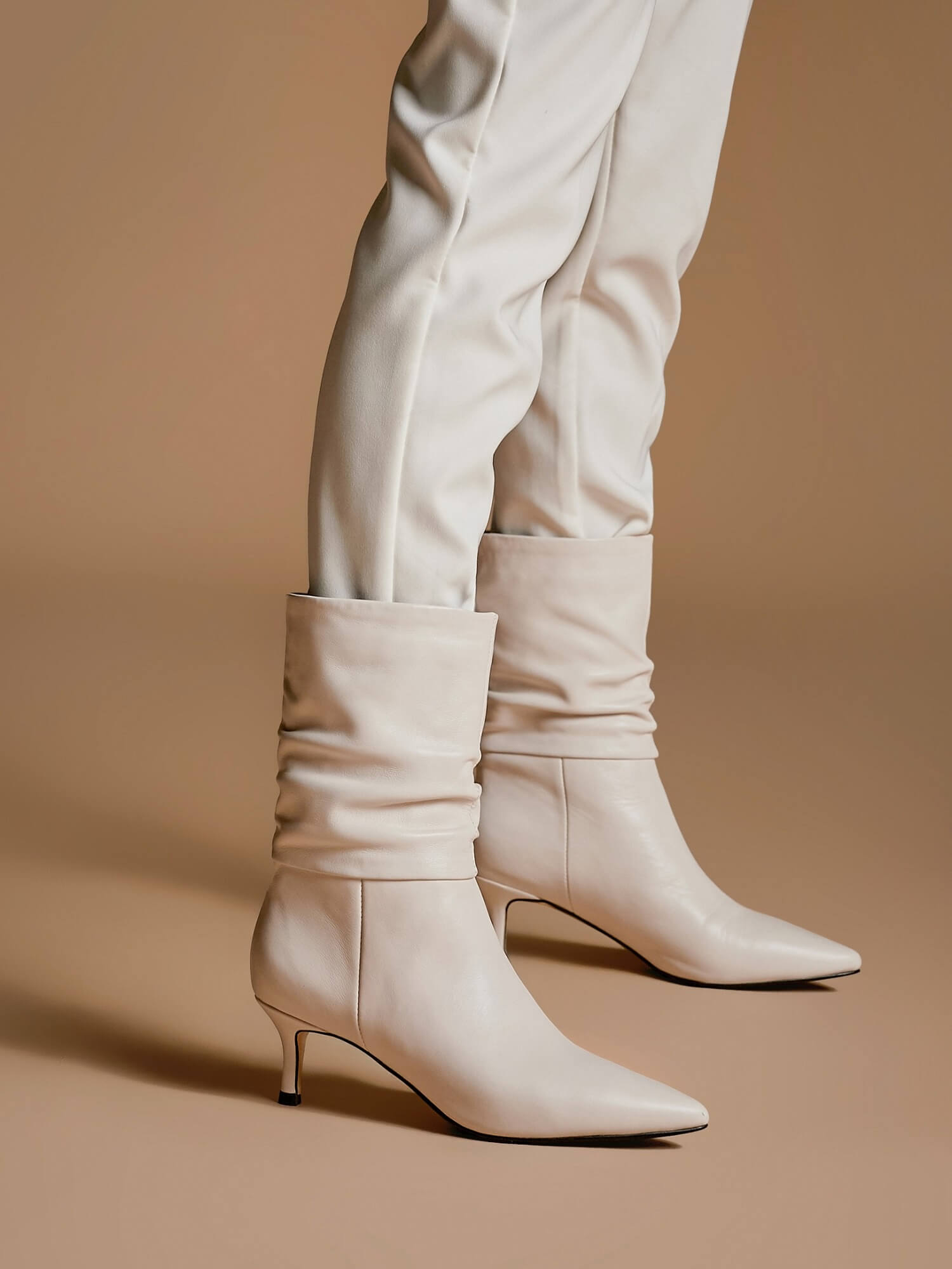 LEHOOR Kitten Heel White Mid Calf Sock Boots Women