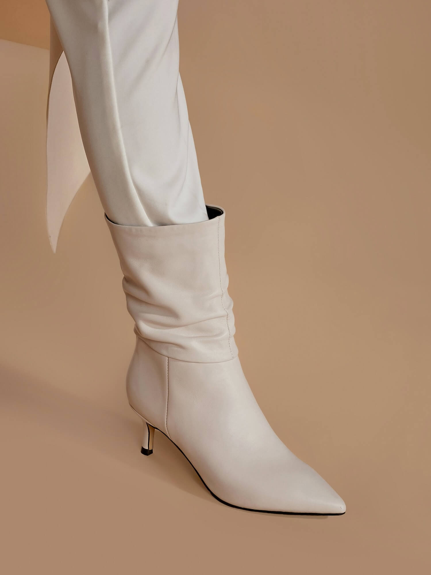 ROLISA-Milo-Slouchy-Ruched-Leather-Kitten-Heels-Mid-Calf-Boots-White-Model-5