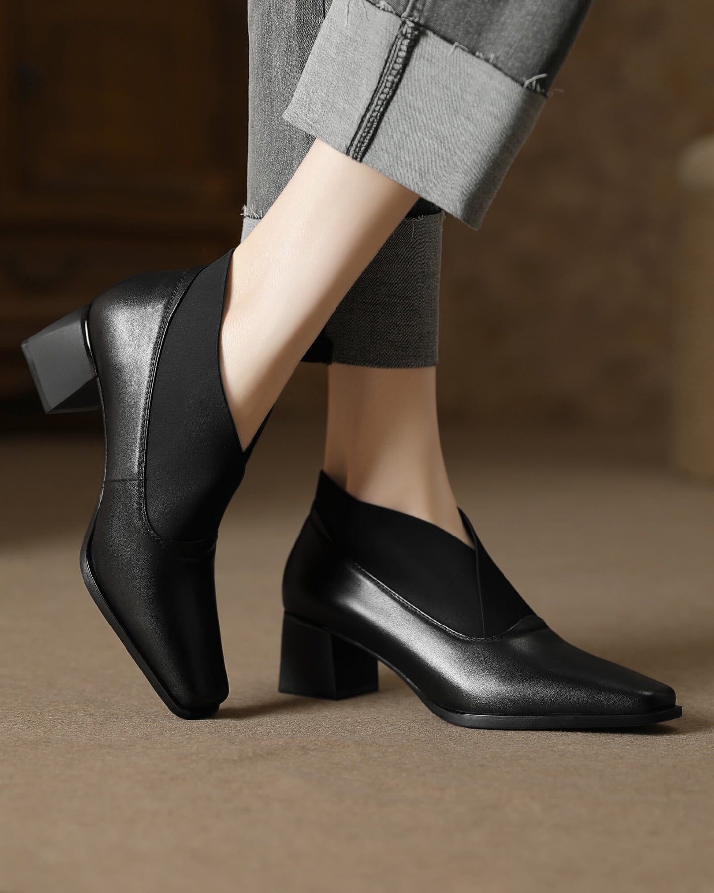 Riana-Black-Leather-Ankle-Boots-Model