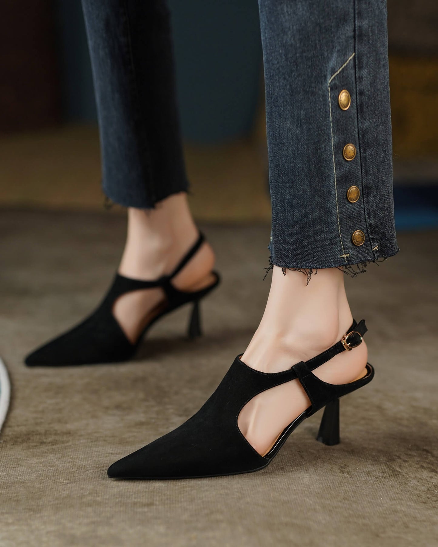 Viane-T-Strap-Black-Suede-Slingback-Model