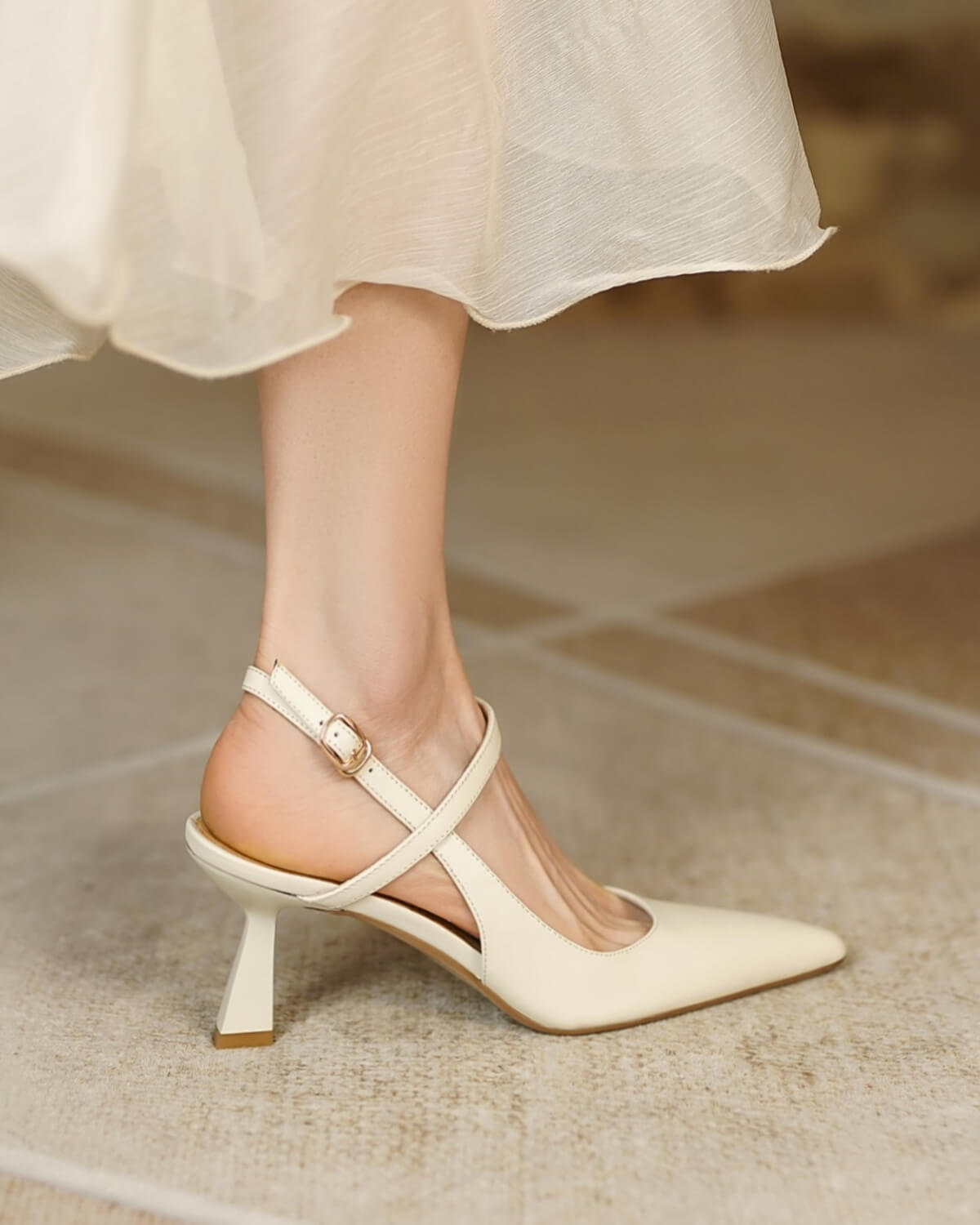 Beige Pointed Toe High Heels - Ankle Strap Heels | Red Dress