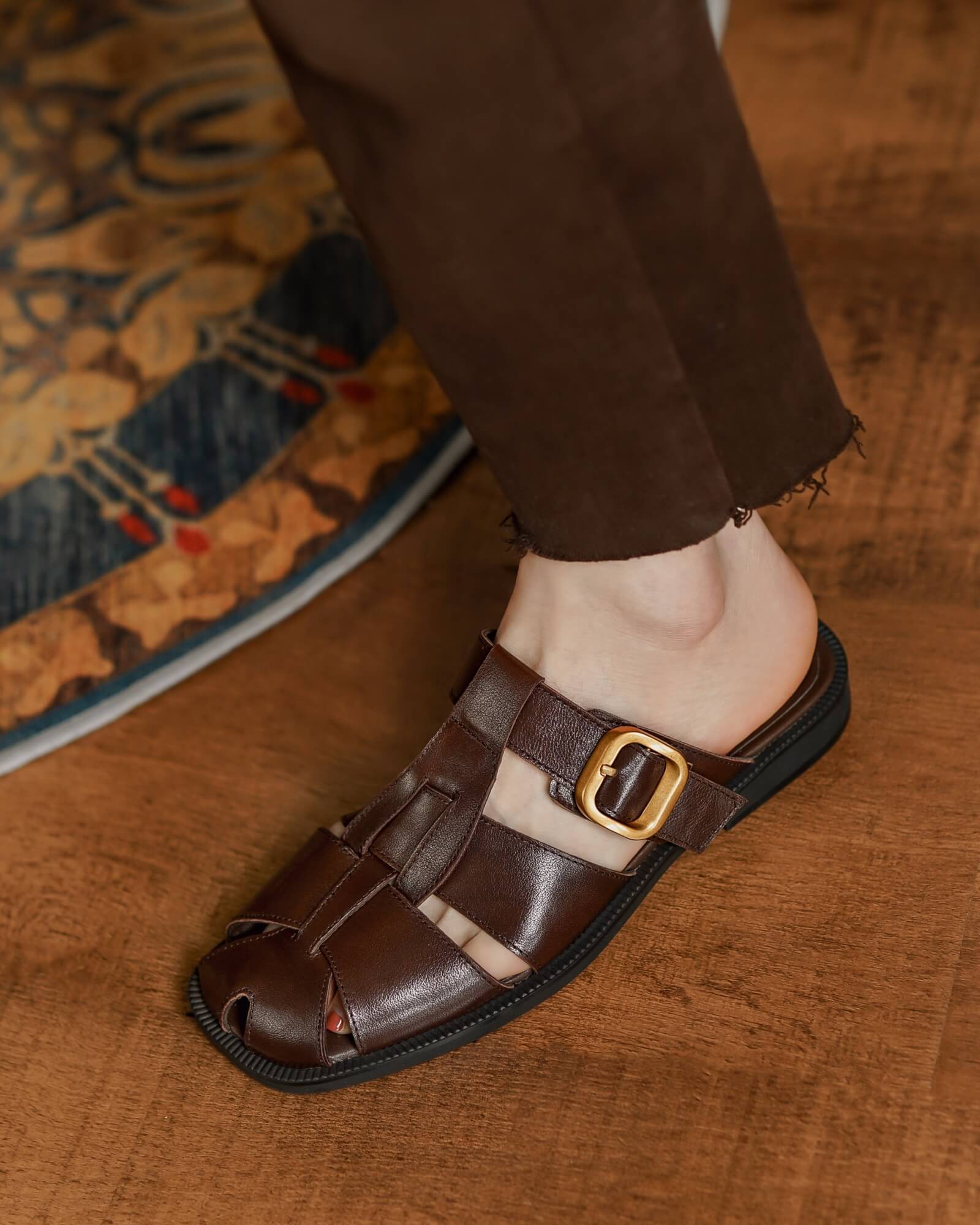 Gala-flat-leather-slides-brown-model-2