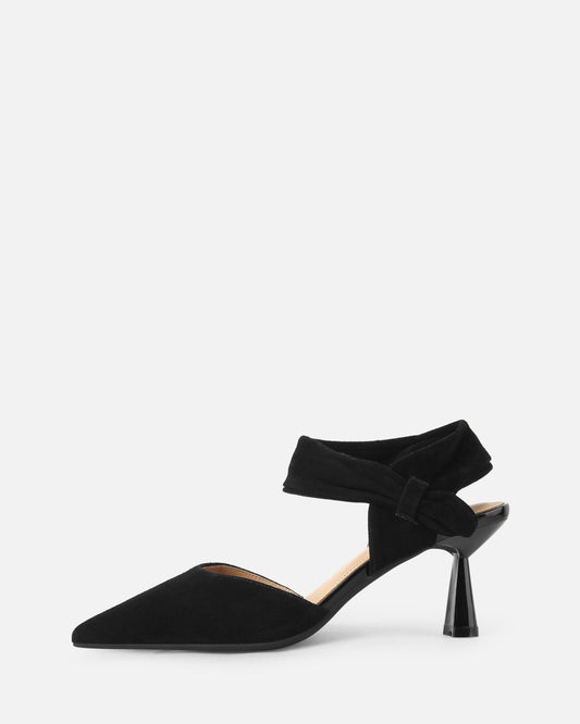 Kaia-ankle-strap-black-suede-heels-model