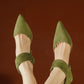 Kaia-ankle-strap-green-suede-heels-model-2
