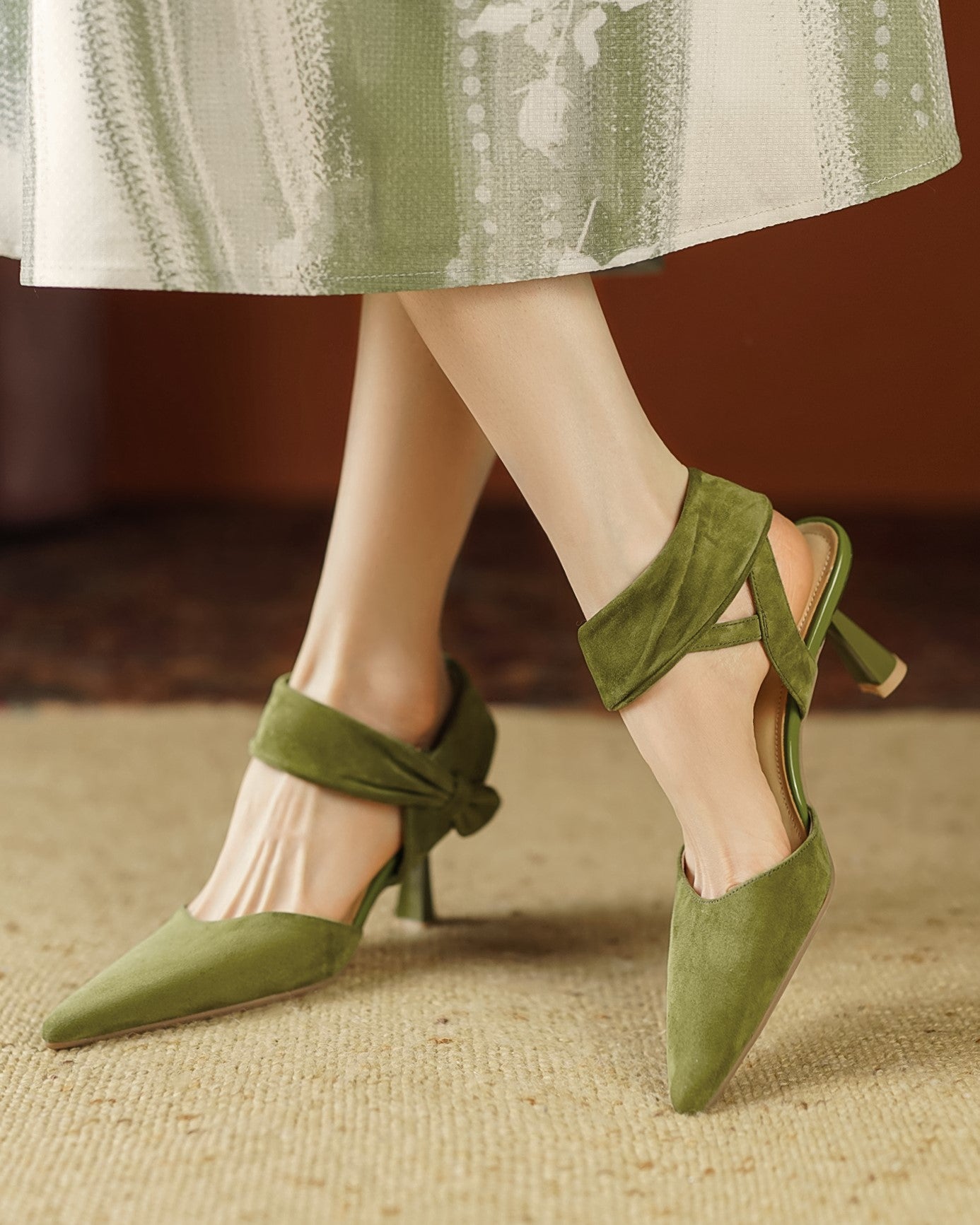Kaia-ankle-strap-green-suede-heels-model