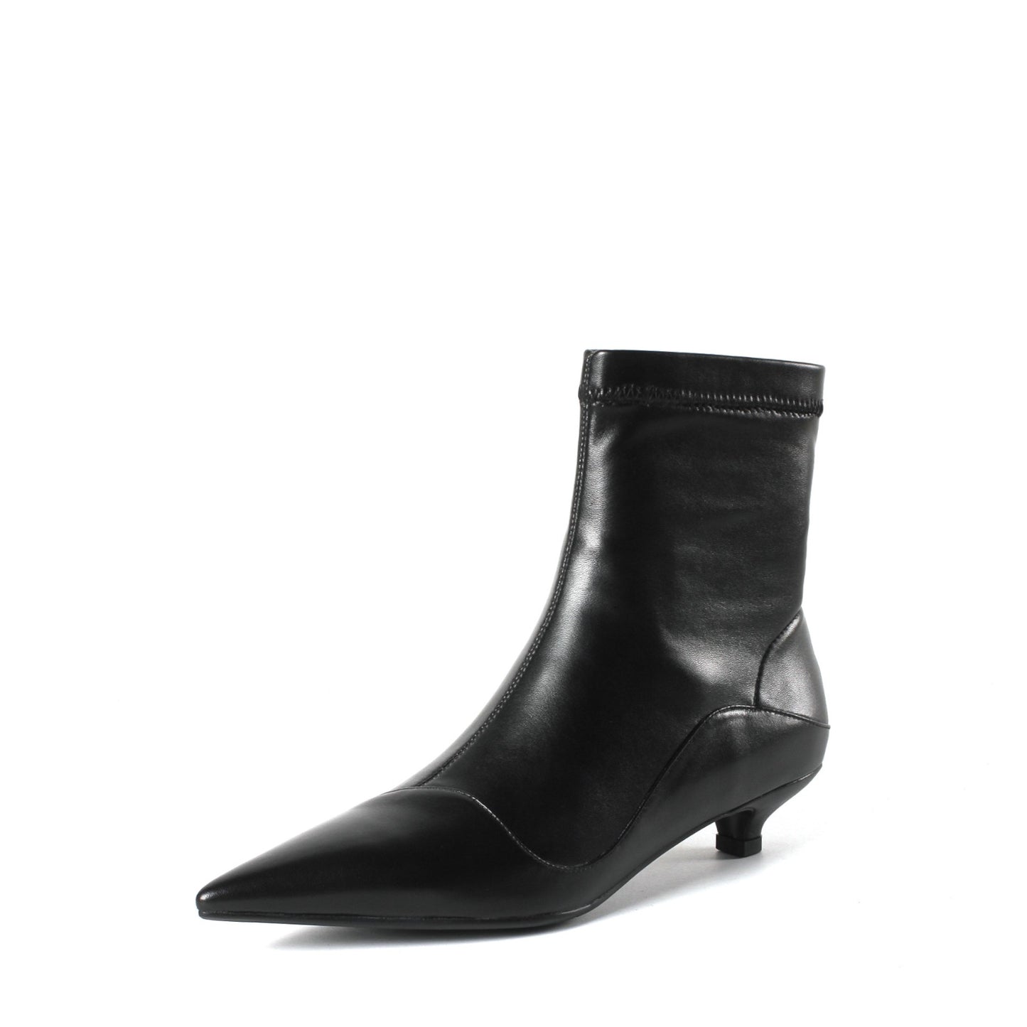 Kaly-Kitten-Heels-Pointed-Toe-Stitching-Vamp-Black-Ankle-Boots-Leather