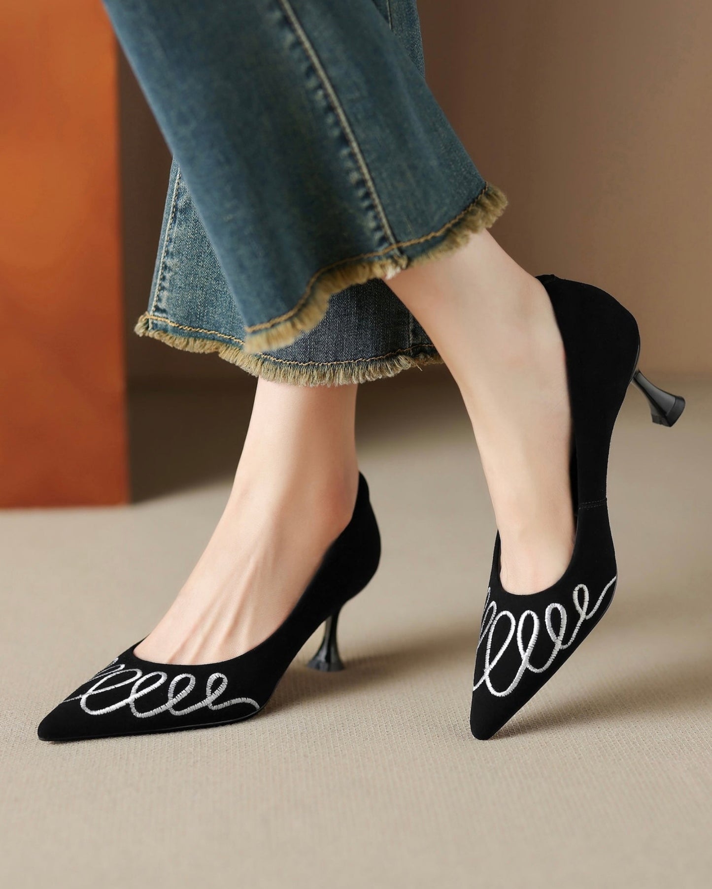 Laita - Embroidery Suede Heels
