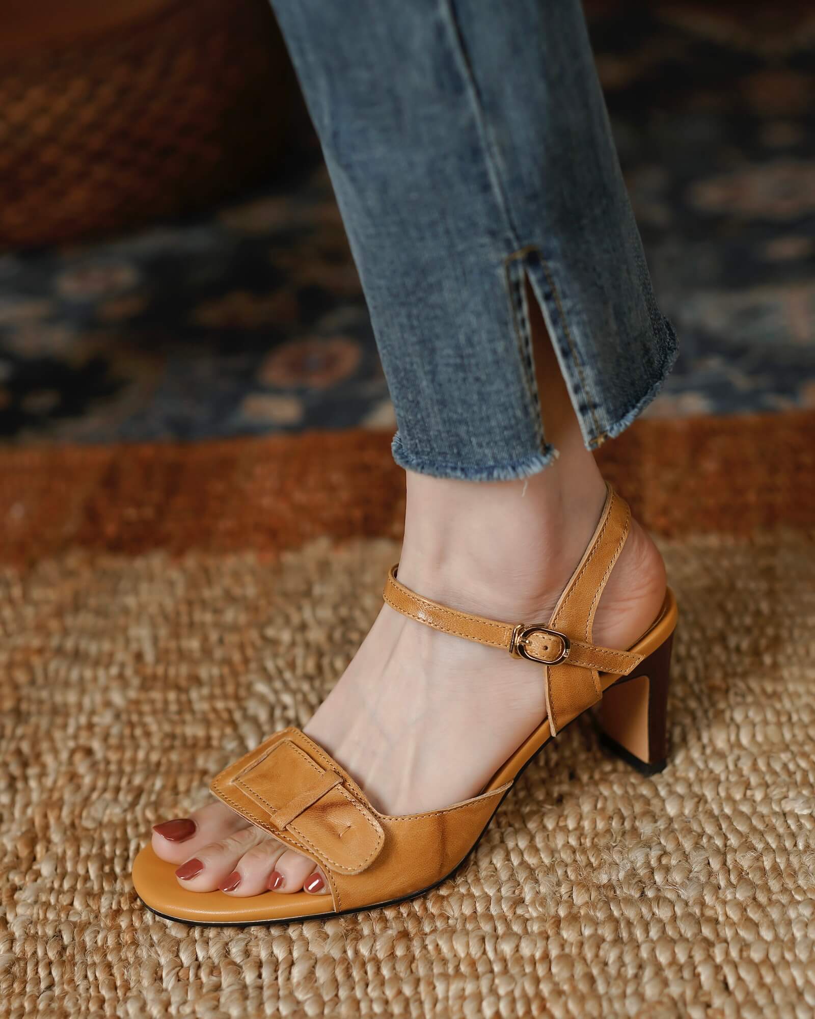 Milia-buckle-decoration-sandal-heels-in-tan-model-1