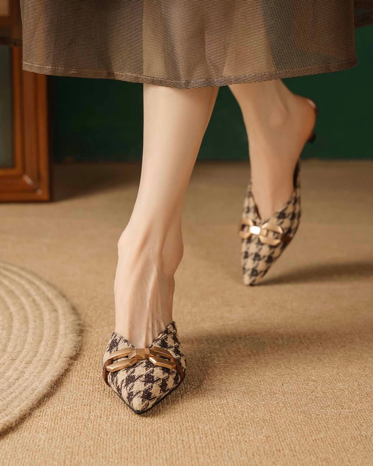 Mola Plaid Kitten Heel Mules