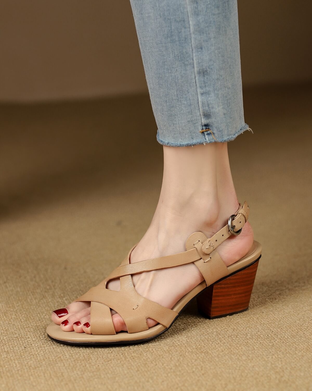 Amia-Crisscross-Leather-Sandals-Apricot-Model