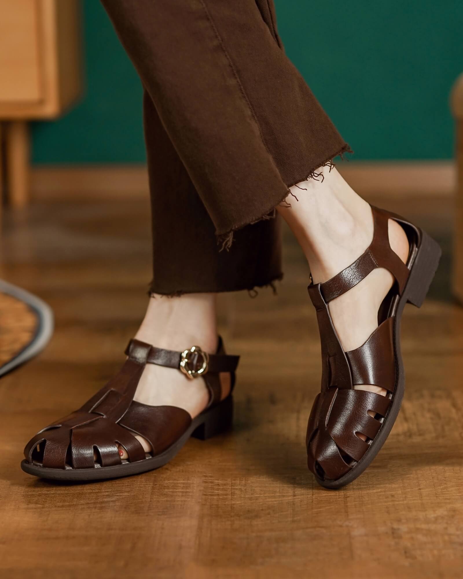 Boca-Brown-Leather-Woven-Fisherman-Sandals-Model