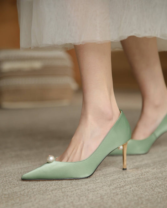 Cala-Pearl-Embellished-Green-Satin-Heels-Model-2