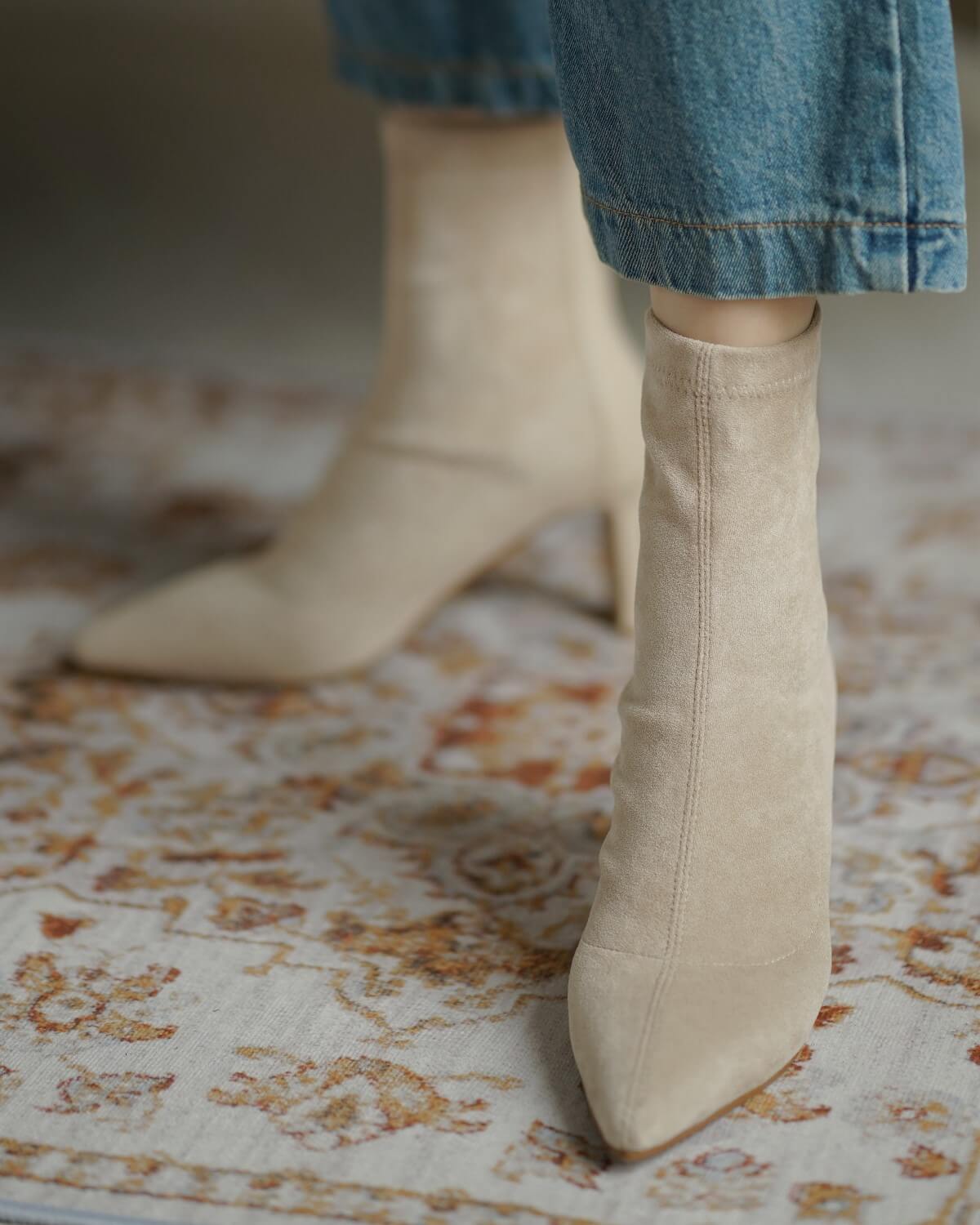 Emie-Beige-Stretch-Ankle-Boots-Model-1