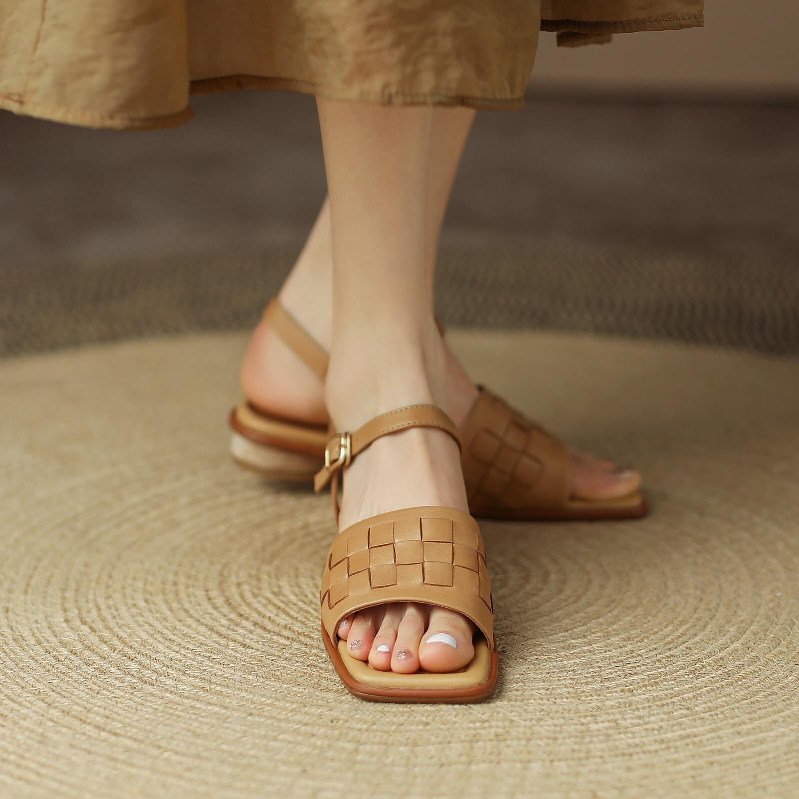 Gupa-Tan-Leather-Low-Heel-Sandals-Model
