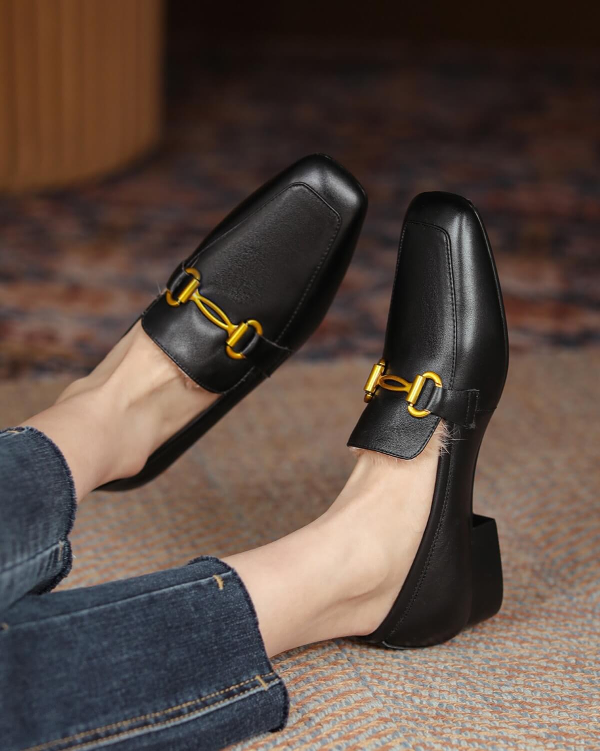 Hart-Fur-Lined-Black-Leather-Loafers-Model-2