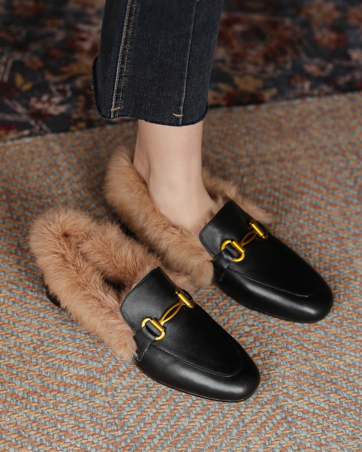 Helen-Fur-Lined-Black-Loafers-Model-2