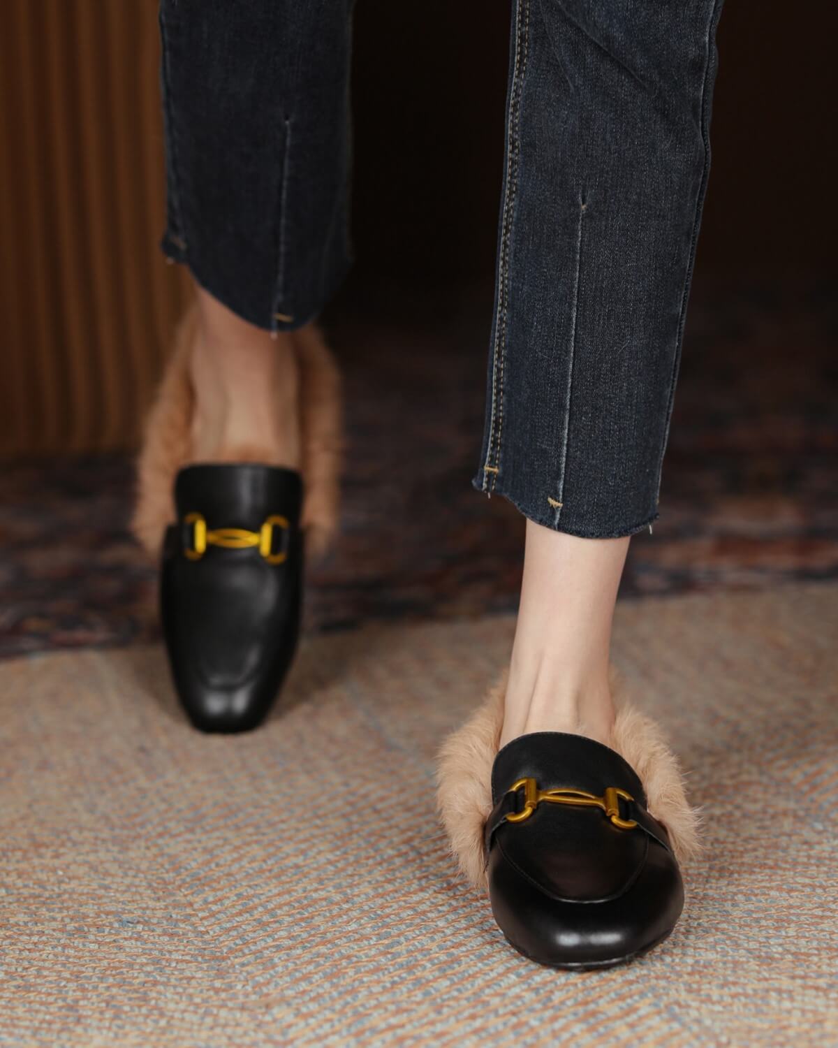 Helen-Fur-Lined-Black-Loafers-Model