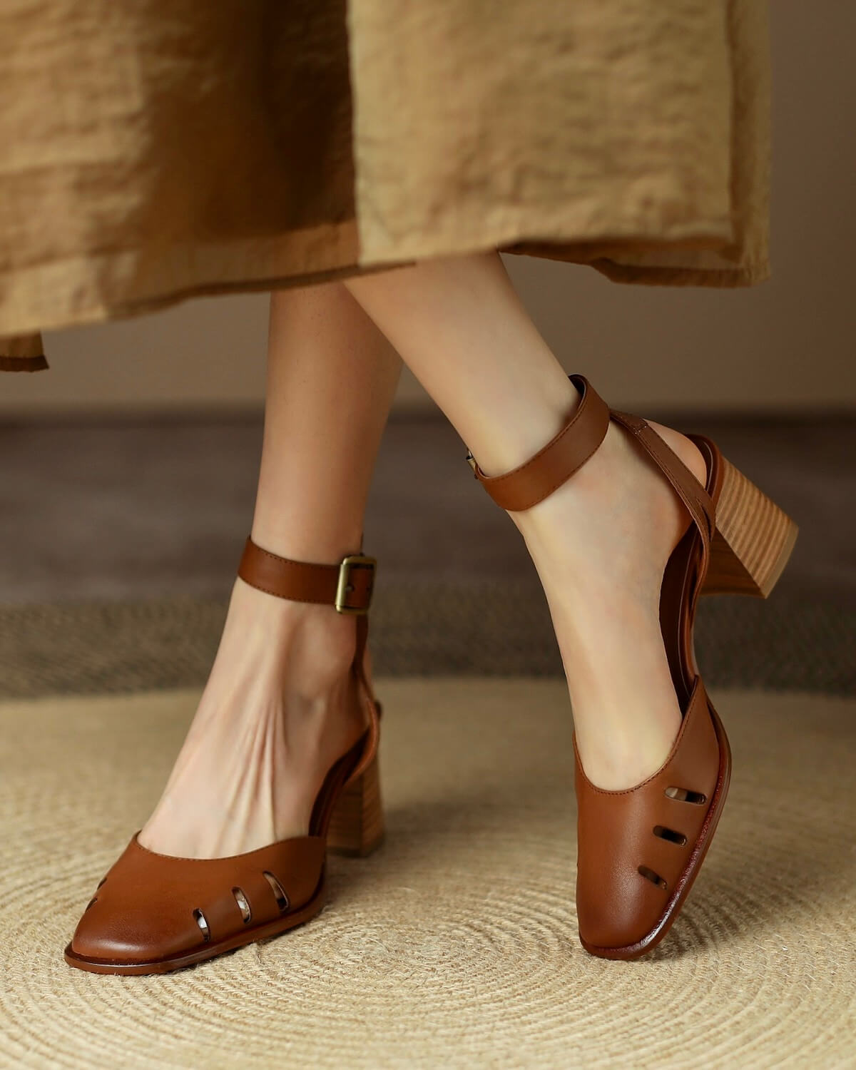 Kala-brown-leather-ankle-strap-heels-model