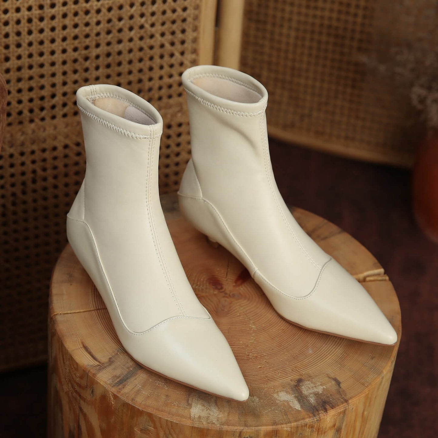 Kaly-Kitten-Heels-Pointed-Toe-Stitching-Vamp-White-Ankle-Boots-Leather