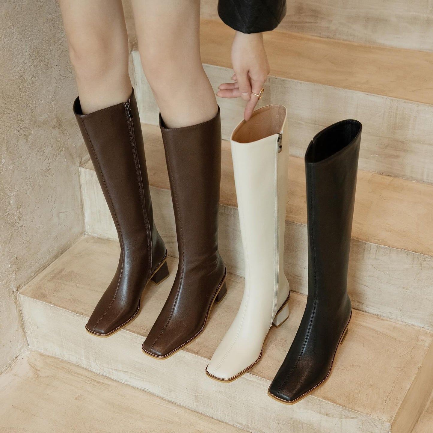 Klea-Square-Toe-Block-Heel-Knee-High-Boots-Model