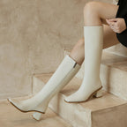 Klea-Square-Toe-Block-Heel-White-Knee-High-Boots-Model-2