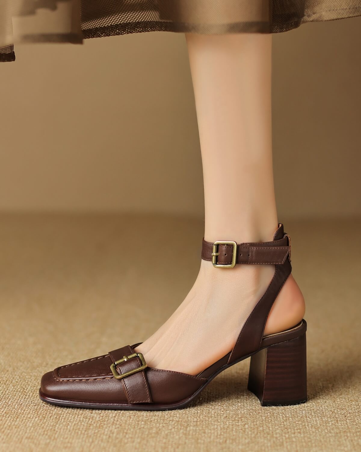 Lando-Square-Toe-Ankle-Strap-Brown-Leather-Heels-Model-1