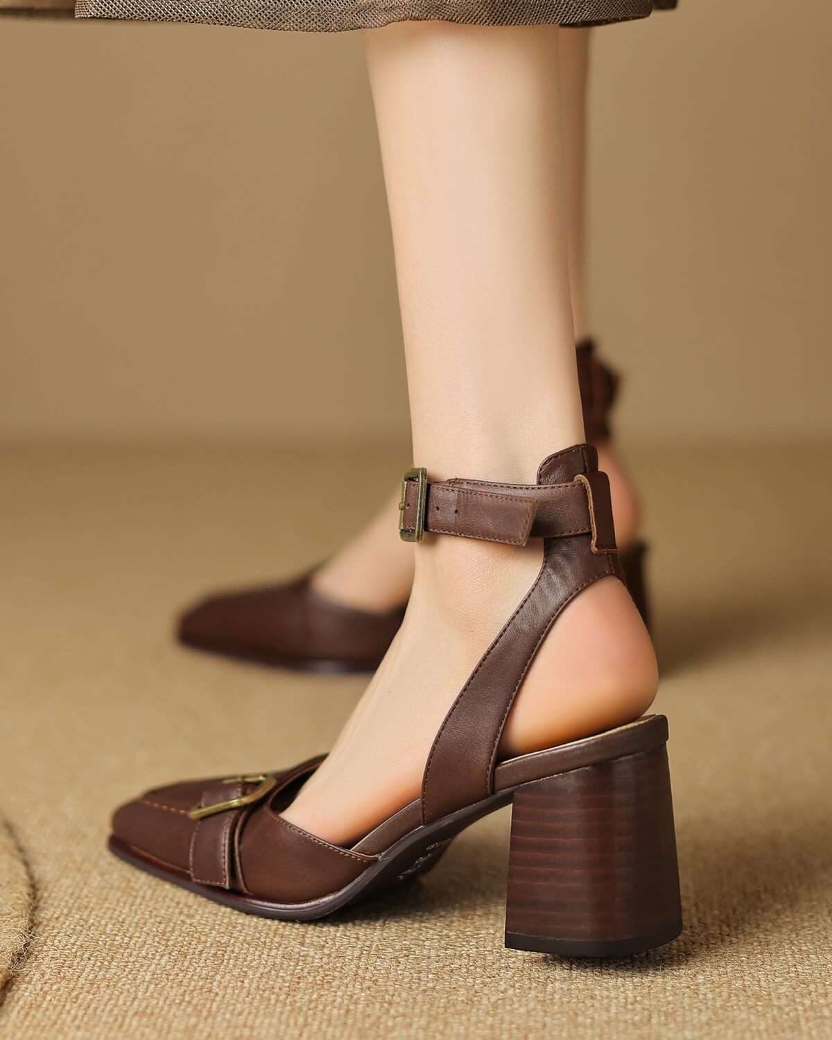 Lando-Square-Toe-Ankle-Strap-Brown-Leather-Heels-Model-2