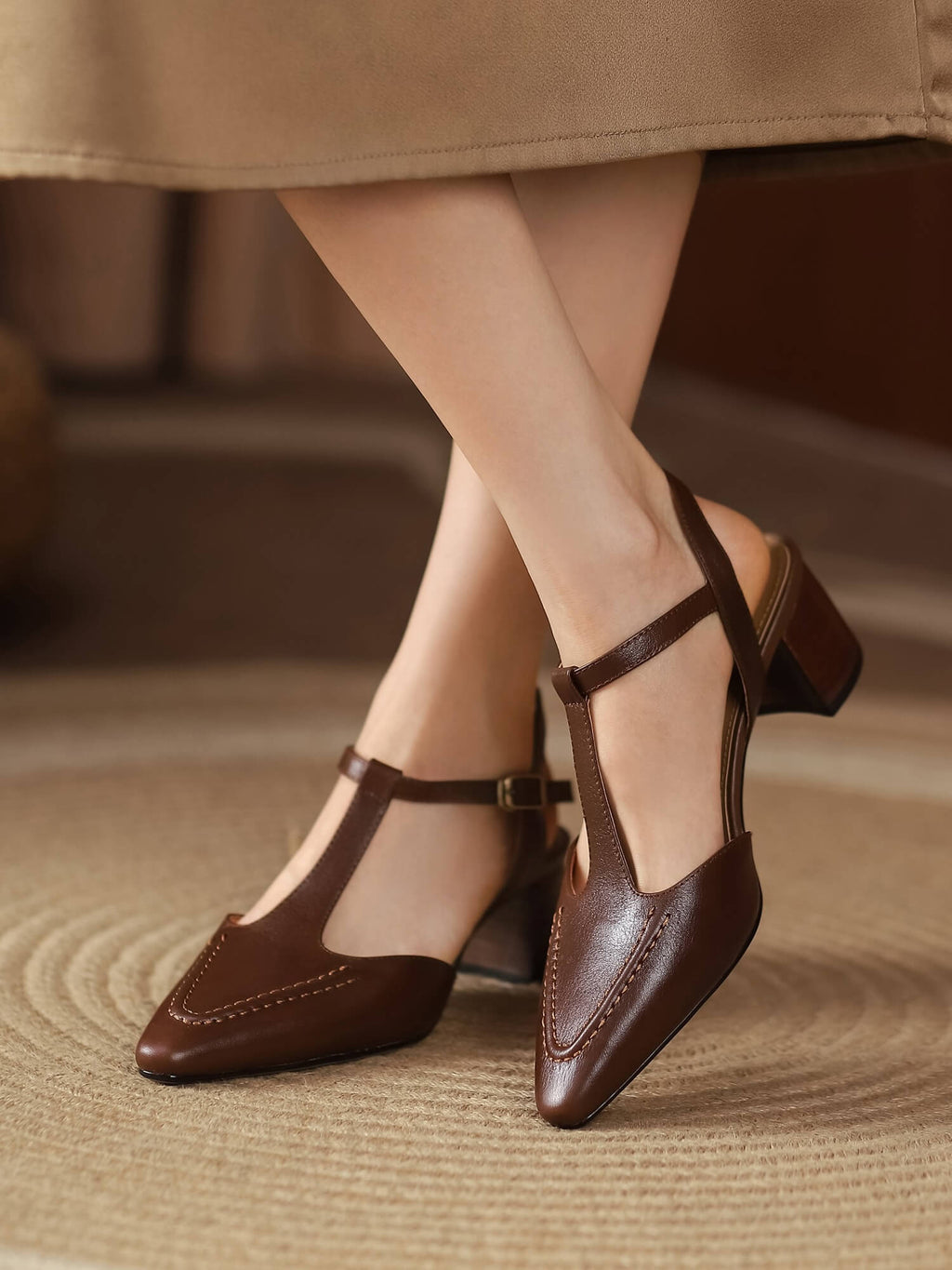 Loka-Brown-T-Strap-Leather-Pumps-Model-1