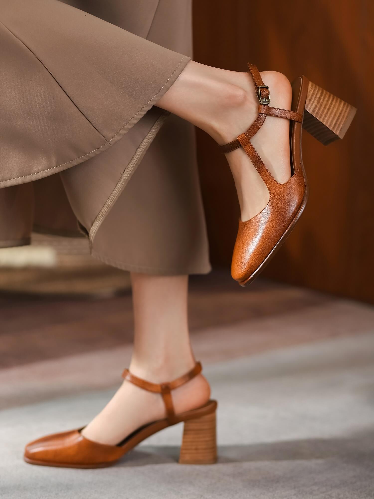 Tan block heel pumps sale