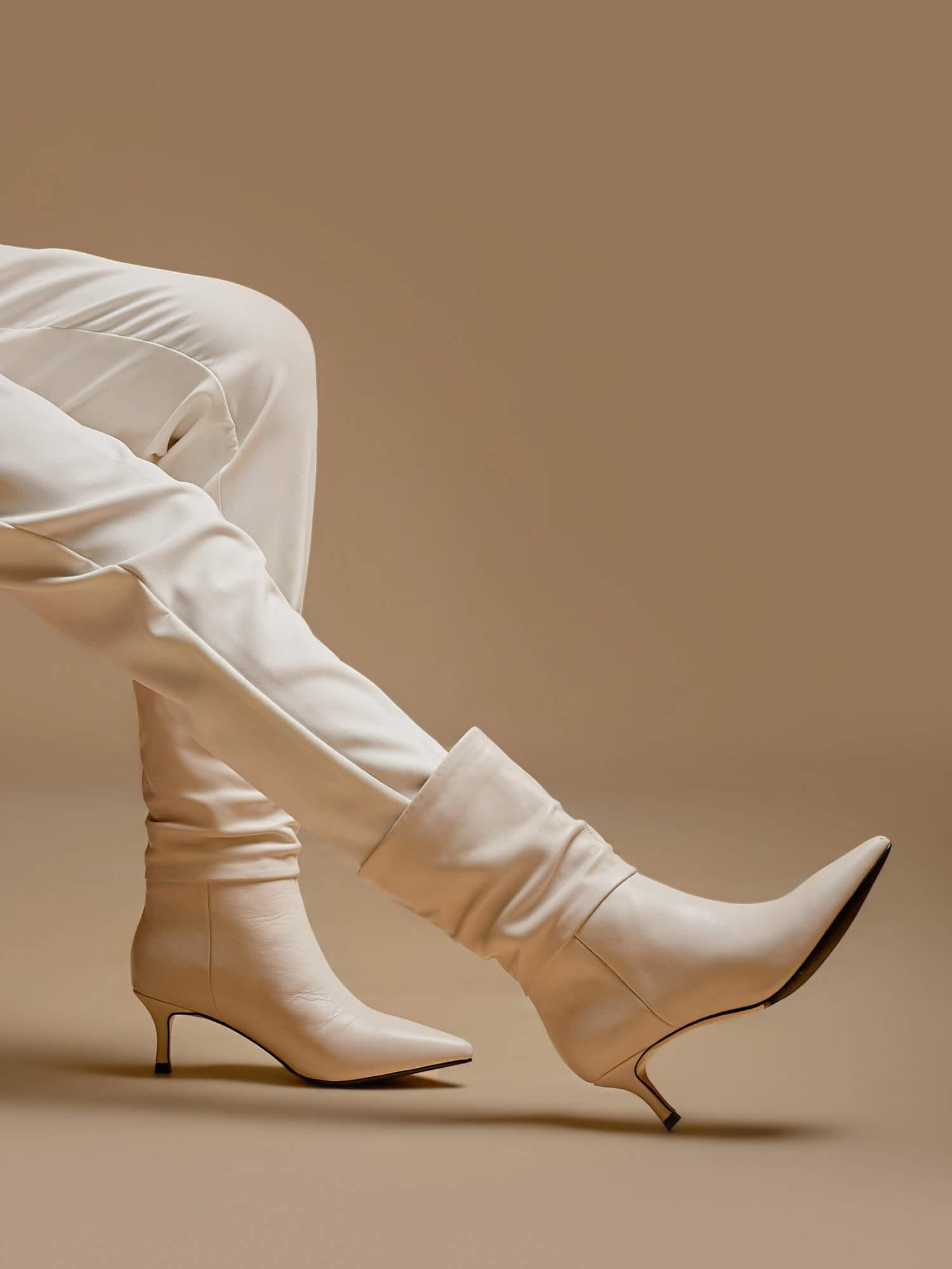 ROLISA-Milo-Slouchy-Ruched-Leather-Kitten-Heels-Mid-Calf-Boots-White-Model-1