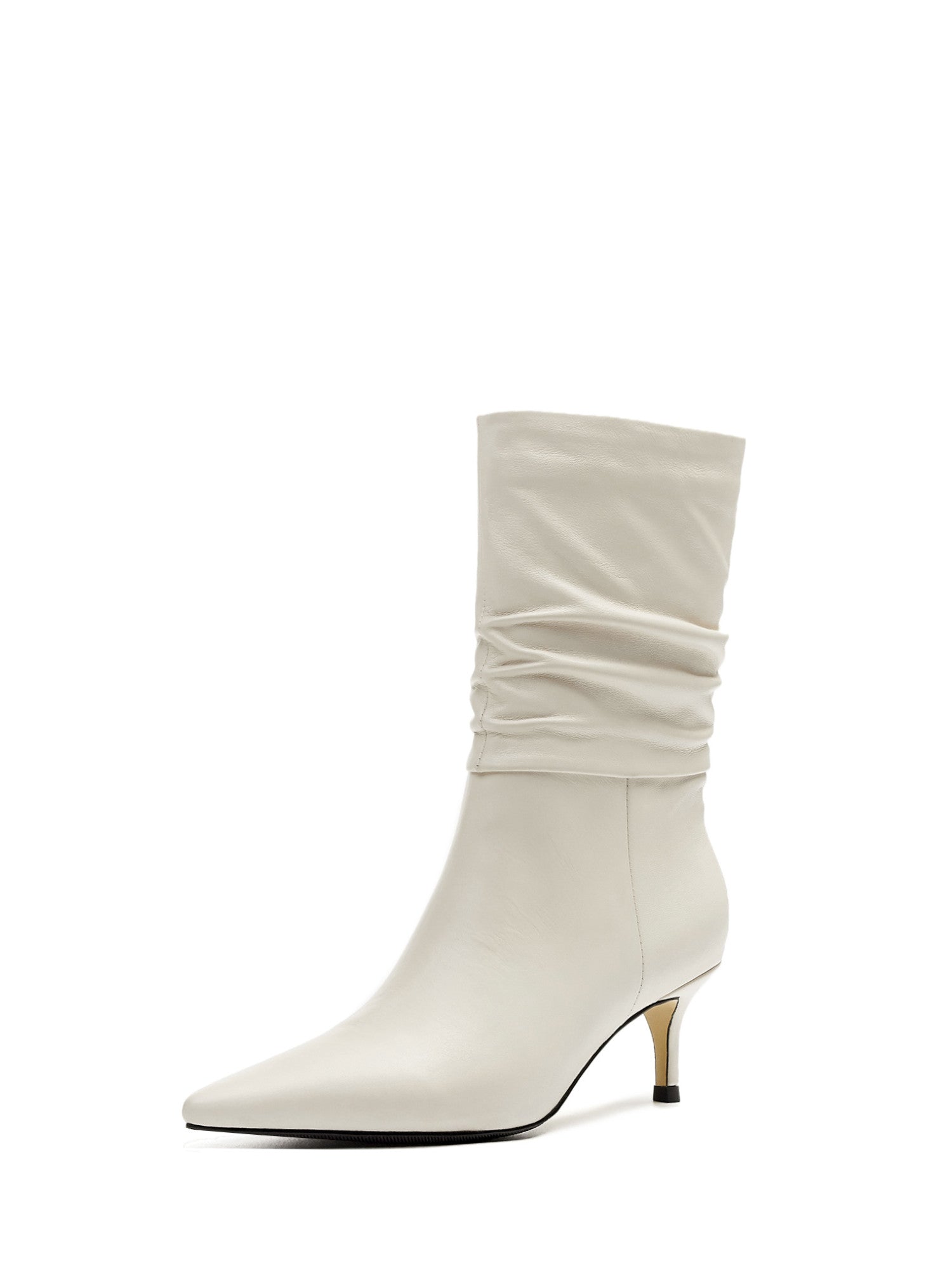 ROLISA-Milo-Slouchy-Ruched-Leather-Kitten-Heels-Mid-Calf-Boots-White
