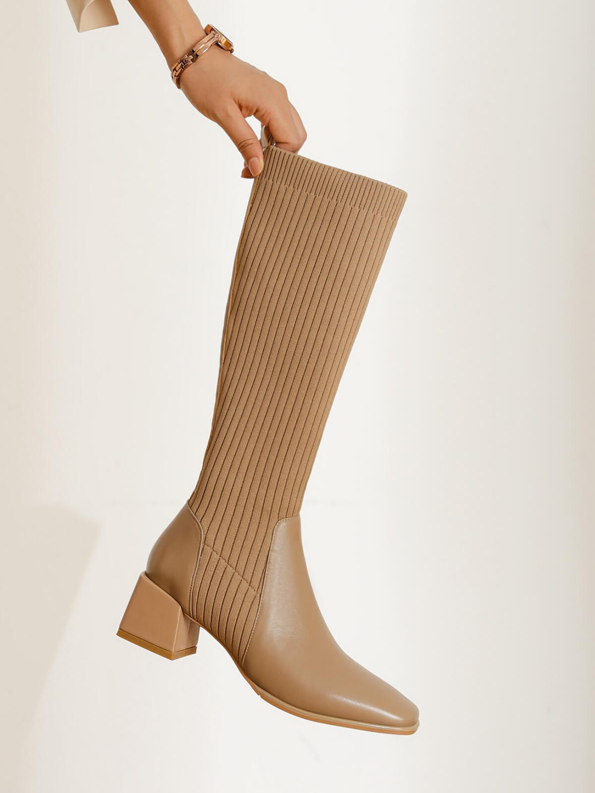 ROLISA-Relia-Knee-high-Block-Heel-Nude-Sock-Boots-Model