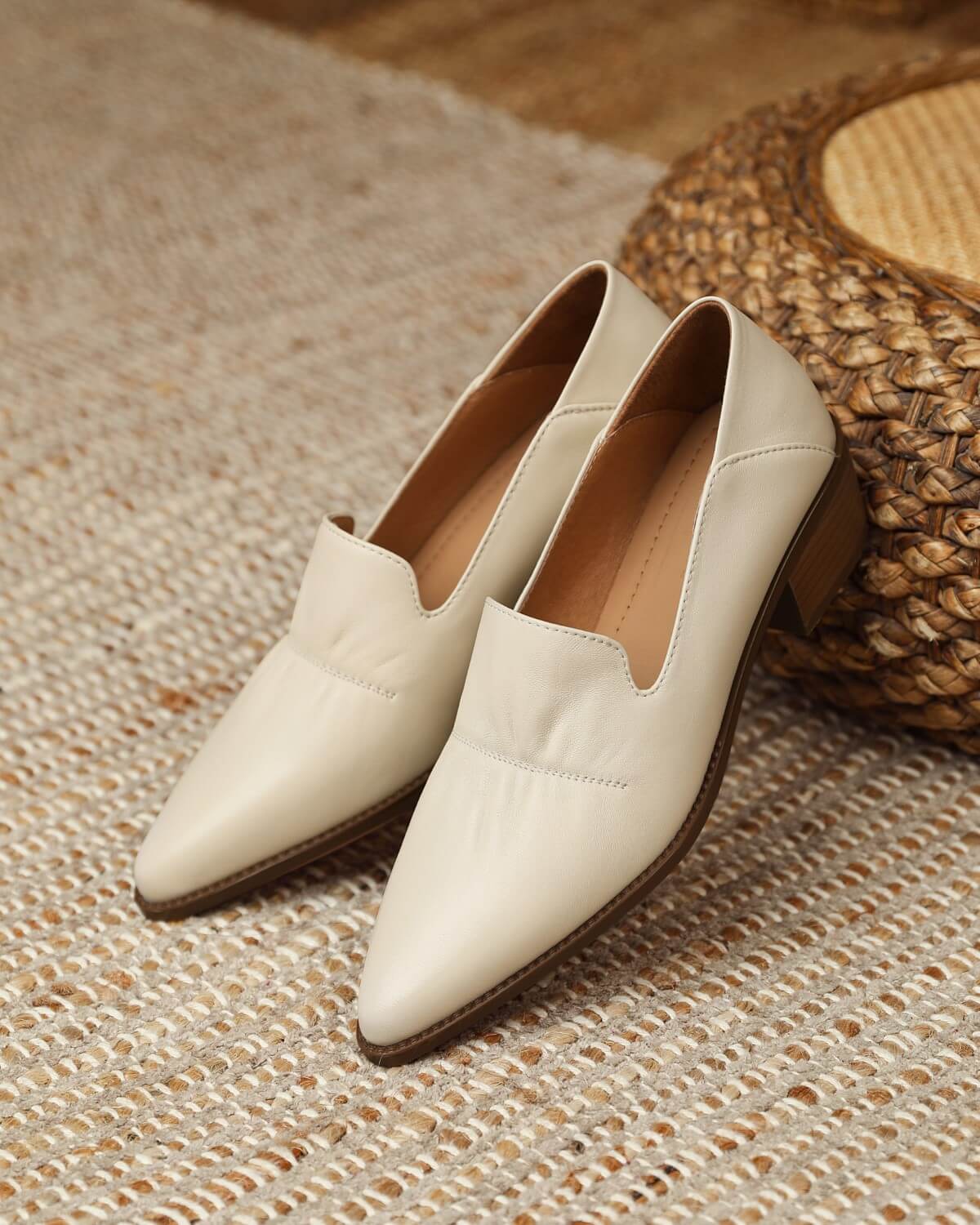 Saff-Ruched-Beige-Leather-Loafers-1