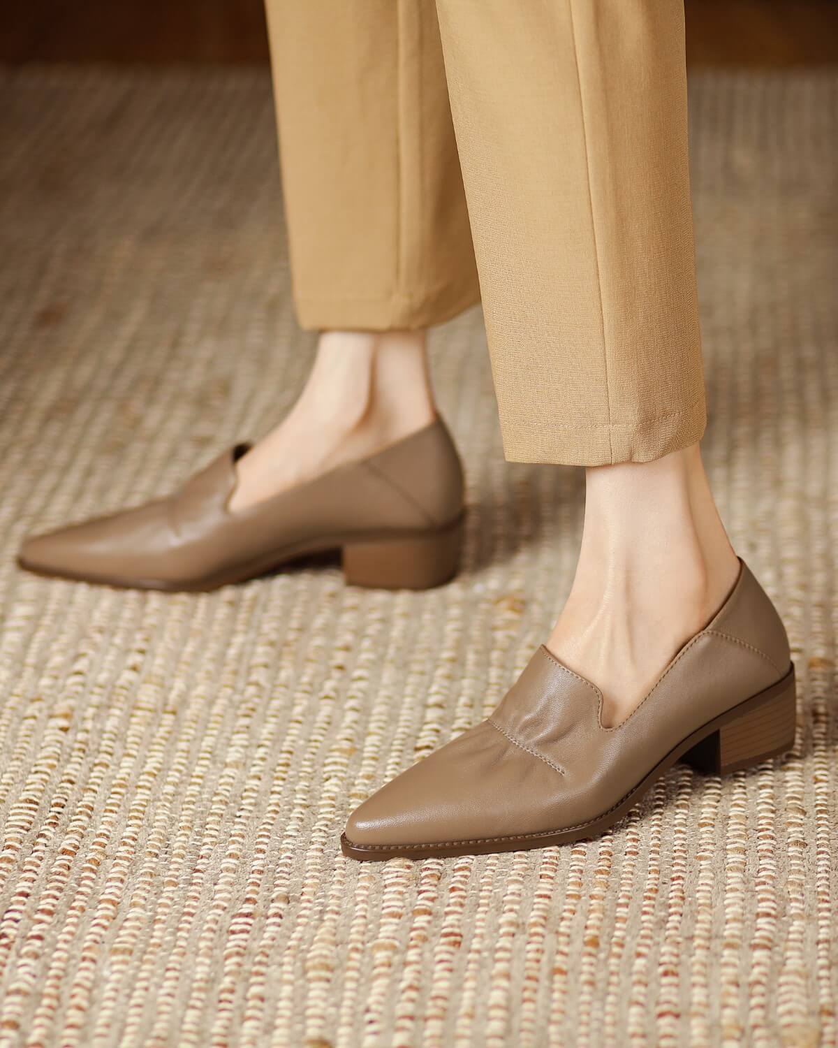 Saff-Ruched-Nude-Leather-Loafers-Model-1