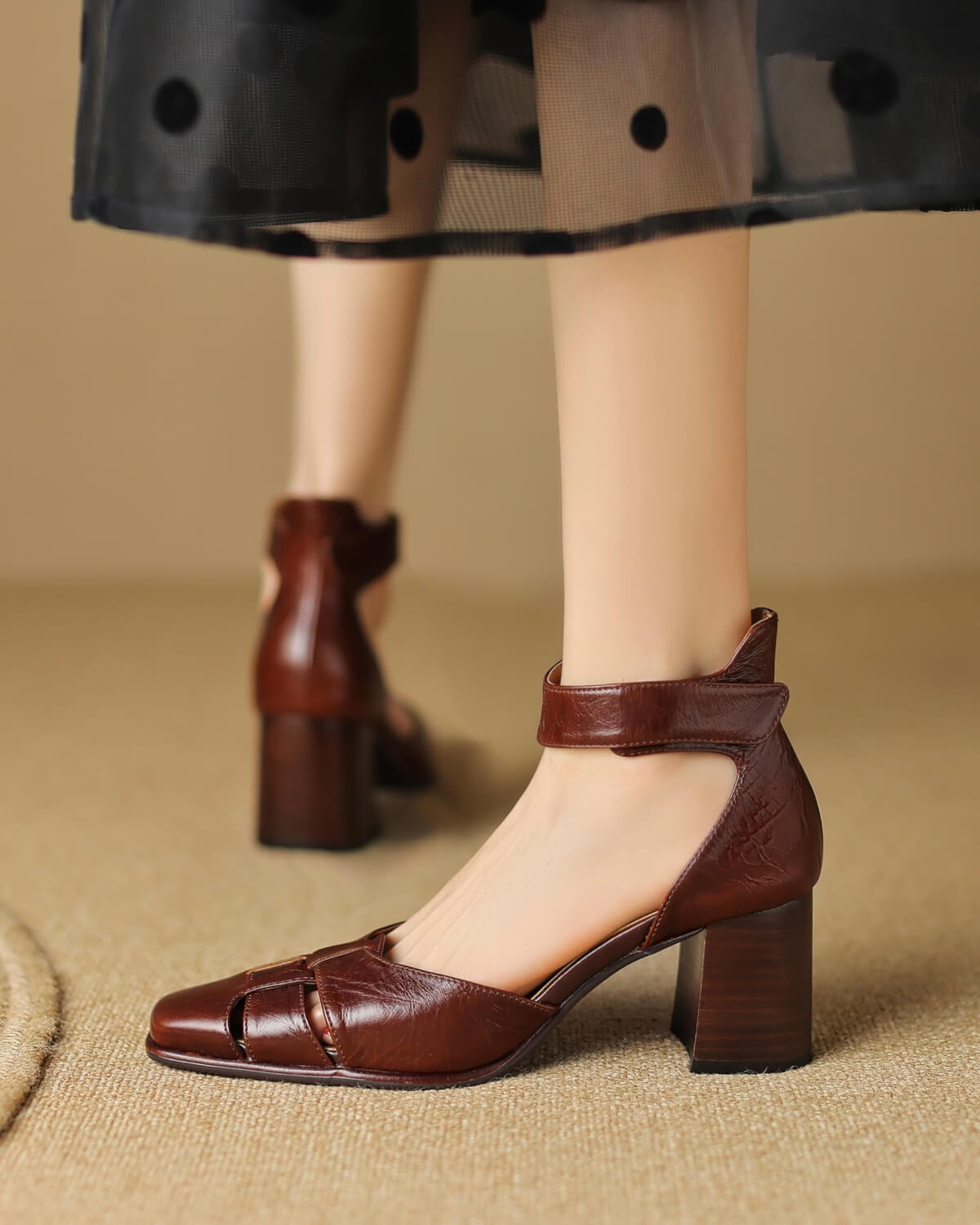 Verna-Square-Toe-Brown-Leather-Ankle-Strap-Heels-Model